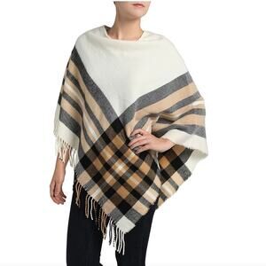 NWT Kelly & Katie V. Fraas Plaid Poncho Fringe Trim Black Beige Ivory OSFM